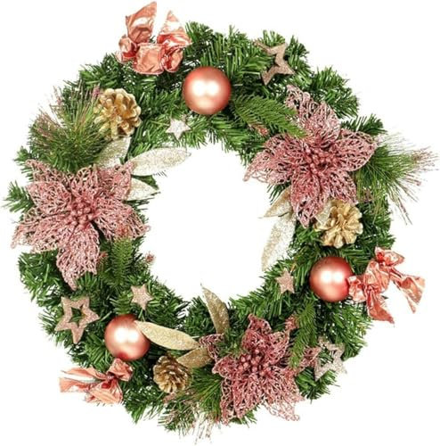YLREAN 50 cm Weihnachtskranz, mit roségoldener Blume/Tannenzapfen/fünfzackigem Stern/goldenen Blättern/künstlichen Tannenzapfen/Weihnachtsschmuck, wiederverwendbar und -Standard