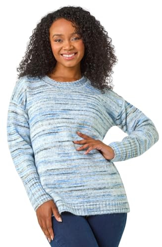Roman Originals Thick Jumper for Women UK - Ladies Winter Autumn Smart Casual Knit Knitted Knitwear Pull-On Round Crew Neck Long Sleeve Work Office Dinner Party - Petite Blue Spacedye - Size 16