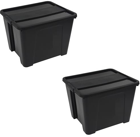 Caja de almacenamiento pongotodo con tapa Plástica, herramientas, juguetes, ropa (PP reciclado) (20 Litros color negro)