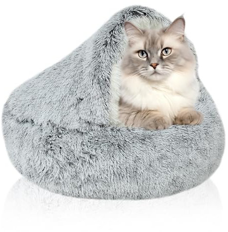 WIYETY Flauschiges Katzenbett, 40 cm rutschfest Beruhigendes Katzenbett, Katzenbett Flauschig, Rund Katzenhöhle, Haustierbett, Weiches Plüsch Höhle mit Kapuze, für Katzen und Kleine Hunde(Grau)