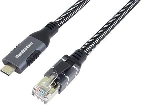 PremiumCord Cavo Ethernet da USB-C A RJ45 10/100/1000 Mbit/s, Cat 6 FTP, da USB-C Maschio A RJ45 maschio, USB 3.2 Gen 1, Robusto Cavo Intrecciato, Colore Space Gray, Lunghezza 1 m