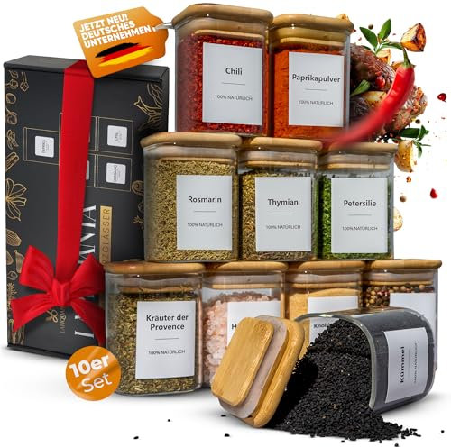 Gewürzgläser Set | 10 x170ml | luftdicht mit Bambusdeckel, inkl. Gewürzetiketten & Marker, stapelbare Vorratsgläser aus robustem Glas , Gewürz-Organizer, Gewürzdosen, Gewürze Aufbewahrung, Geschenkset