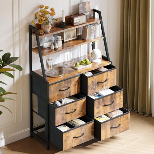 Coleshome Chest of Drawers bedroom with 6 Fabric Drawers, Storage dresser with 3-tier Worktop for Storage and Shelving Needs, Suitable for Bedroom and Living Room, 80 * 28.5 * 122cm, Retro Color