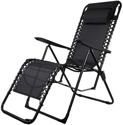 Brixy Faltbarer Gartenstuhl - Liegestuhl - Faltbar - Verstellbar - Ergonomisches Kopfkissen - Metall - Textil - Schwarz