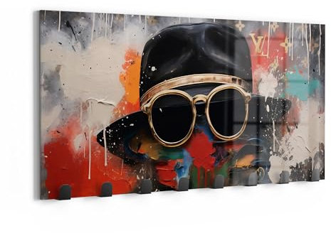 DEQOART Wandgarderobe Glas & Metall | Motiv Urbane Modefusion | 60x30 cm | Design Haken-Leiste modern | Garderoben-Paneel für Flur, Wohnzimmer & Schlafzimmer | magnetisch & beschreibbar