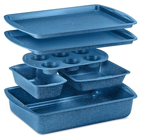 BAKKEN Kitchen Baking Pan Set - Nonstick Blue Marble Coating, Commercial Grade Carbon Steel Bakeware Sets, Baking Kitchen Essentials, PFOA, PFOS, PTFE Free, Oven Safe Tray (Up To 450° F), Set of 6