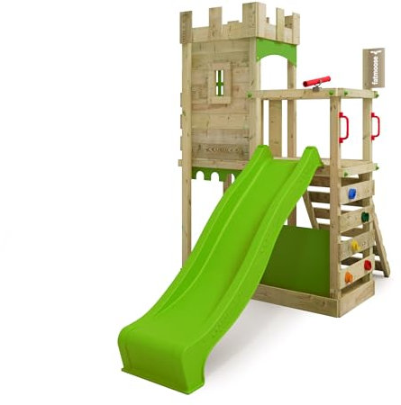 FATMOOSE Spielturm Ritterburg BoldBaron Boost XXL mit apfelgrüner Rutsche, Outdoor Kinder Kletterturm mit Sandkasten Leiter & Spiel-Zubehör für den Garten