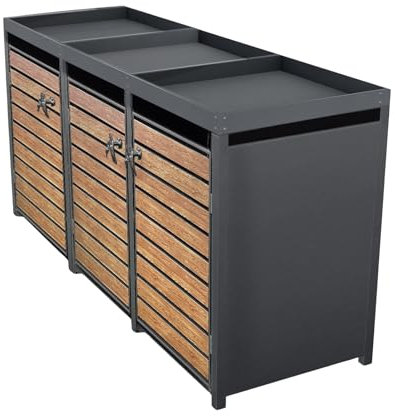 HORI® Mülltonnenbox Sets| Mülltonnenverkleidung aus Holz & Metall | Variante Mülltonnenbox 3er | Farbe Holzdesign mit Pflanzendach