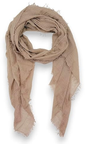 Ziona Sommerschal Damen dünn, Uni Crinkle Look aus Viskose – Weiches Tuch mit Fransen – Halstuch, Stola, Pareo oder Kopftuch – Atmungsaktiv & luftig – Ideal für Reisen, Strand & Alltag (Helltaupe)
