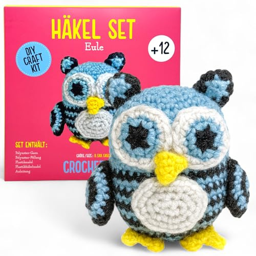 MIJOMA Häkelset Tiere für Anfänger & Fortgeschrittene – DIY Amigurumi Häkel Kit mit Anleitung, Wolle, Nadeln & Zubehör – Häkelpaket Kinder & Erwachsene (Eule (8,5x6x8,5cm))