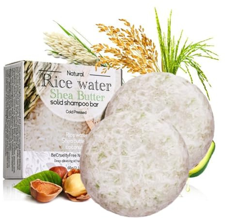 2 Stück Reisshampoo Bar, Reiswasser Shampoo Bar, Anti-Haarausfall Festes Shampoo mit Reiswasser und Kokosöl für Haarwachstum, Volumen & Glanz, nährend und stärkend, für alle Haartypen