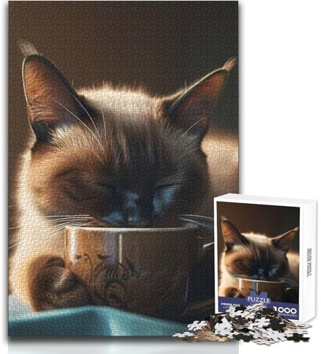 Puzzle de 1000 pièces pour Adultes, Motif Chat Siamois en Forme de Tasse à café, Jeu intellectuel Stimulant, idée Cadeau, Dimensions : 38x52cm