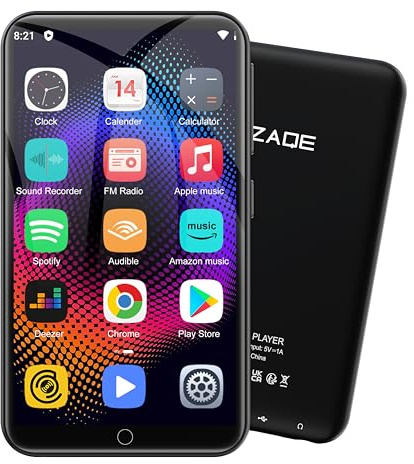80GB MP3 Player mit Spotify und WiFi Bluetooth, ZAQE 4Zoll Touchscreen, Android 13 MP4 Player, AudibleCompatible, FM Radio, Amazon Music, Deezer, Pandora,Play Store (schwarz)