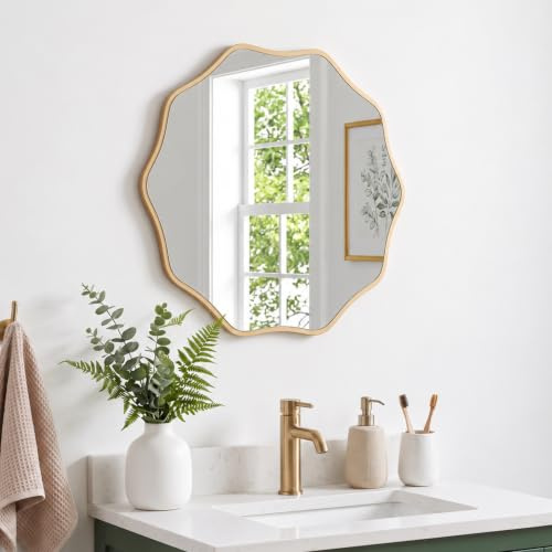 PERFNIQUE Runder Wandspiegel, gewellter Spiegel mit Holzrahmen, dekorativer Spiegel zum Aufhängen oder Anlehnen, Badspiegel, Flurspiegel, Wohnzimmer Spiegel, Naturholz Design (Gold, 50 cm)