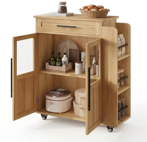 Garvee Kücheninsel mit Rollen, Küchenwagen & Servierwagen mit Glastüren | Schublade, Gewürzregal für Küche, Esszimmer & Flur, Naturholz, 74 x 38 x 78,5 cm