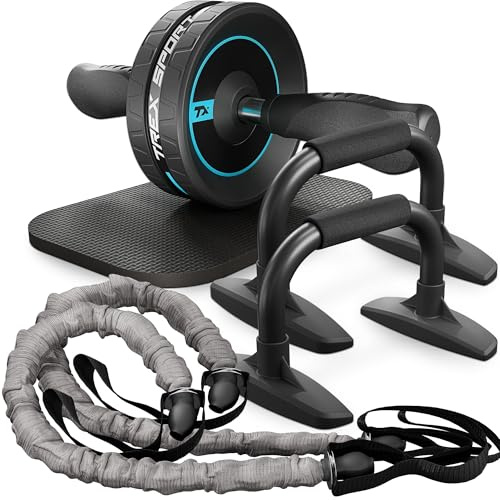 TREX SPORT Bauchroller Set 4in1 AB Roller Anti-Rutsch, Expander 7–10 kg | TX-010WS Ergonomische Push-Up Griffe, Kniematte, Kompakt | Blau / Gelb