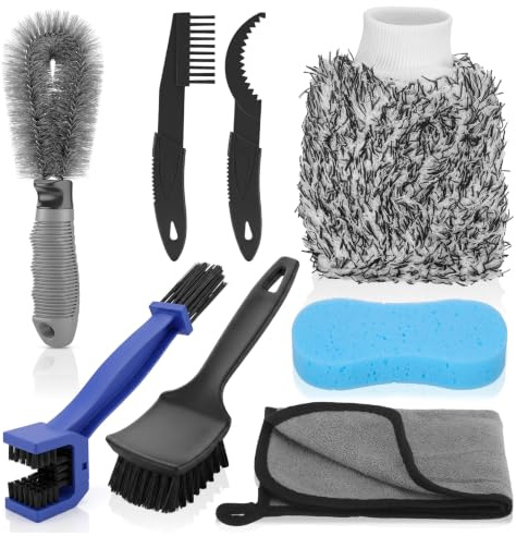 Hahorpa 8Pcs Bike Cleaning Brushes Kit, Bike Cleaning Kit with Cloth & Sponge, Motorbike Cleaning Kits, MTB Motorbike Motorcycle Chain Brush for Crank/Tire/Sprocket Cycling Corner Stain Dirt Clean