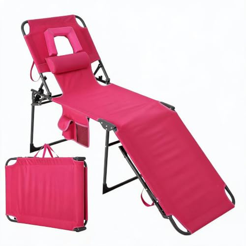 GarveeMore Strandliege Klappbar Mit 5-Stufig Verstellbare Rückenlehne, 600D Oxford-Polyester Strandstuhl Mit Kopfkissen, Hochlehner Liegestuhl Faltbar Für Strand, 193 x 59 x 51.5 cm, Rosa