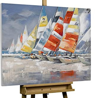 KunstLoft Leinwandbild | 100% HANDGEMALT | 100x75cm | Gemälde 'Wolkenlos' | Schiffe & Boote | Blau | Wandbild Wohnzimmer