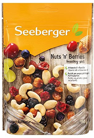 Seeberger Nuts´n Berries 5er Pack, Edle Mischung aus knackig-süßen Mandeln, Cashewkernen, Sultaninen, Cranberries, Kirschen, Blaubeeren & Haselnusskernen, vegan (5 x 150 g)