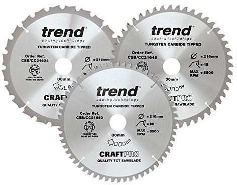 Trend Wood Mitre Saw Blades, 216mm Diameter, 30mm Bore, 24/48/60 Teeth, 2.6mm Kerf, -5° Hook, TCT, Coarse/Fine/Extra-Fine Finish, 3 Pack, CSB/CC216/3PK