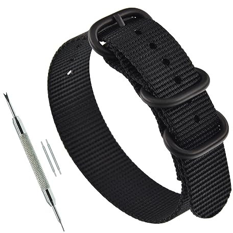 MZBUTIQ 24mm Schwarz Militär Nylon Uhrenarmband Uhrband für Herren Matte Schwarze Schnalle 3 Ringe