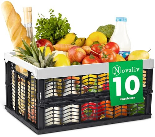 Novaliv Klappboxen faltbar stabil 10x 30L Grau Schwarz baskets Einkaufskiste Klappkisten Set Tragebox Aufbewahrung Einkaufskörbe Körbe Aufbewahrung Küche