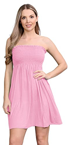janisramone® Womens Bandeau Dress, Boob Tube Sheering Ruched Flared Mini Dress, Plain Strapless Summer Dresses, Perfect Holiday & Beach Dresses for Women UK Rose Pink