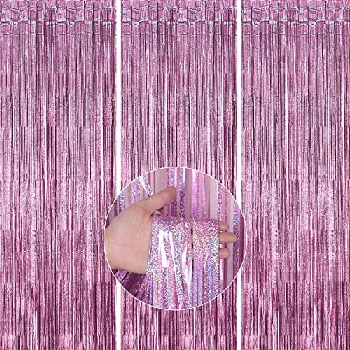 PartyWoo, 3 Stück, Lametta Vorhang, Deko, Hintergrund, Foil Fringe Curtains, Geburtstag, Party, JGA, Gestreift, Pink, Partydeko für Hochzeit, Baby Shower (Rosa, 1x2m)