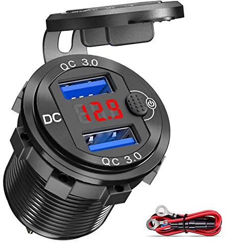 Quick Charge 3.0 Auto USB Steckdose 12V mit Schalter, USB Einbau Buchse 24V Wasserdicht KFZ Ladegerät Zigarettenanzünder Dose mit Rot LED Voltmeter Spannungsanzeige für Motorrad Boot LKW Wohnwagen