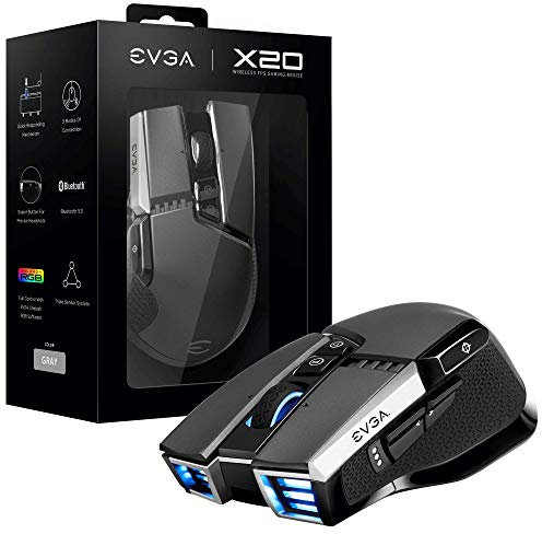 EVGA X20 Gaming Mouse, Wireless, Grey, Customizable, 16,000 DPI, 5 Profiles, 10 Buttons, Ergonomic 903-T1-20GR-K3