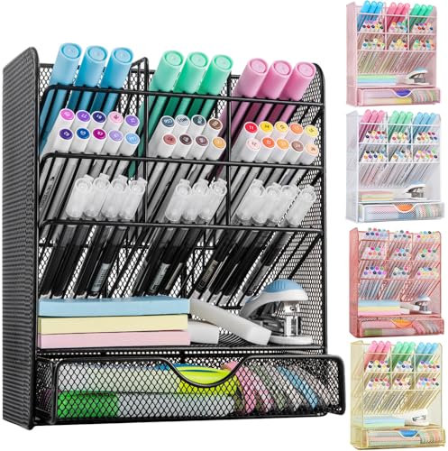 Spacrea Stiftehalter aus Metall, Stifthalter für Schreibtisch, Schreibtisch-Organizer mit Schublade für Schule, Zuhause, Kunstbedarf (schwarz)