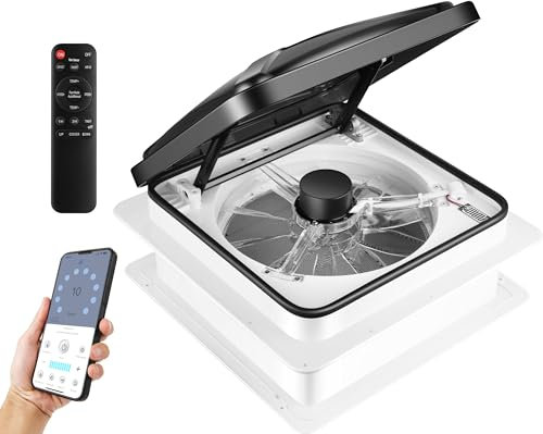 Starvent Ventilateur de toit pour camping-car - 10 vitesses - Thermostat 12 V - Capteur de pluie - Télécommande - Contrôle par application - Minuterie - 35,6 x 35,6 cm - Réversible