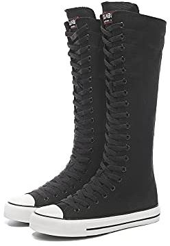 Momuk Stivali da donna metà polpaccio alto al ginocchio con cerniera alta scarpa con lacci elegante punk piatto sneakers stivali scarpe per ragazze, Nero , 36 EU