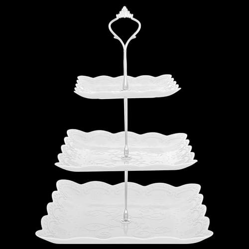 Etagère,Porzellan Etagere 3 Etagen Kuchenständer Wiederverwendbar Kunststoff Cupcake Ständer Servierplatte Servierteller Display-Set Dessertständer für Patry Hochzeit Weiß 14cm 19cm 24cm