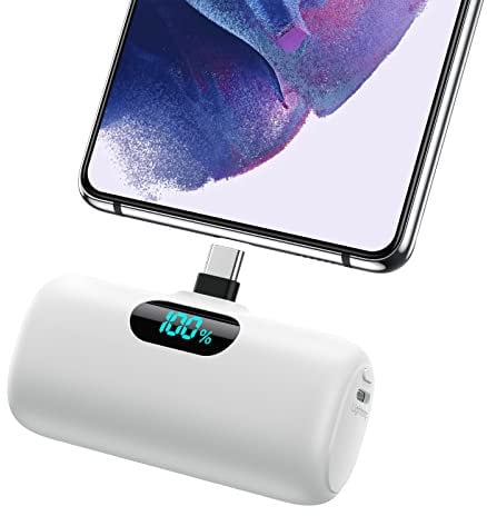Feob Mini Power Bank, 5000mAh USB C Cargador Portátil 15W PD Carga Rapida Batería Externa Compacto Powerbank con Pantalla LCD Compatible con iPhone 16/15 Pro Samsung USB C Teléfonos etc-Blanco