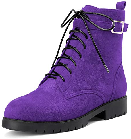 NobleOnly Femmes Bloc Chunky Bas Kitten Talon Heel Rond Bout Bottines Lacets Fermeture à Glissière Classique Chaussures Violet 37 EU