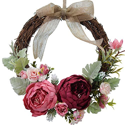 Zomtier Türkranz Kranz Deko, Metallring Eukalyptus Kranz Girlande Frühlingskranz Metall Künstliche Blumenkranz Hochzeit Wanddeko Landhaus Haustür Deko Anhänger (Pfingstrosen Kranz)