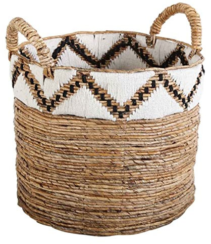 Casa Moro Flechtkorb RAJA L mit Bordüre Ø 45cm rund aus Bananenblatt geflochten | Allzweckkorb Boho Chic Wäschekorb Obstkorb Gemüsekorb Natur-Korb mit Henkel | HAR0031