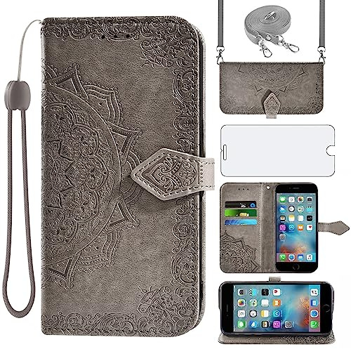 Asuwish Handyhülle für iPhone 6 Plus/6s Plus Hülle mit Band und Glas Folie Schutzfolie Kartenfach Klappbar Leder Geldbörse Ständer iPhone6sPlusHülle i 6Plus 6sPlus S S6 + 6+ 6s+ Handy Hüllen Case Grau