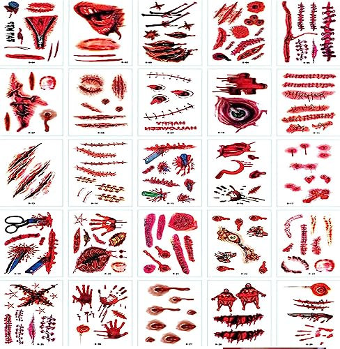 30 sheets tatouages de fausses cicatrices sur le visage d'Halloween, décorations de sacs de maquillage zombies d'Halloween pour enfants, morsures de vampire,accessoires de jeu de rôle