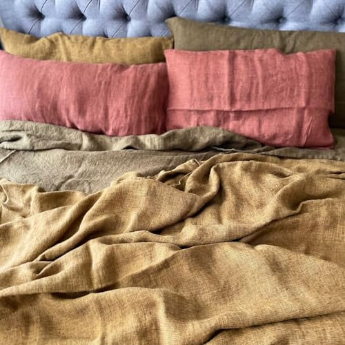 JOWOLLINA Kissenbezug Kopfkissenbezug 100% Leinen Soft Washed Finish (Hahnentritt Gold-Anthrazit, 80x80 cm, 180 g/m2)