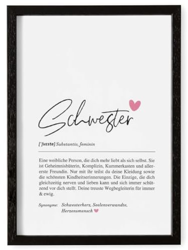 Definition Poster & Kunstdrucke | Weihnachtsgeschenke Schwester Geschenk | Wandbilder Wohnzimmer | Weihnachten Geschenk für Schwester Geburtstag Wanddeko Deko Wohnzimmer DINA A4 mit Rahmen Schwarz