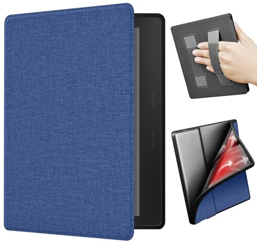 ERUNTO Custodia per Kindle Oasis 2/3 da 7 pollici, Cover in TPU con Texture in Tessuto e Doppia Cinghia sul Retro, Cover Magnetica con Funzione Smart Wake-up/Sonno (Blu)