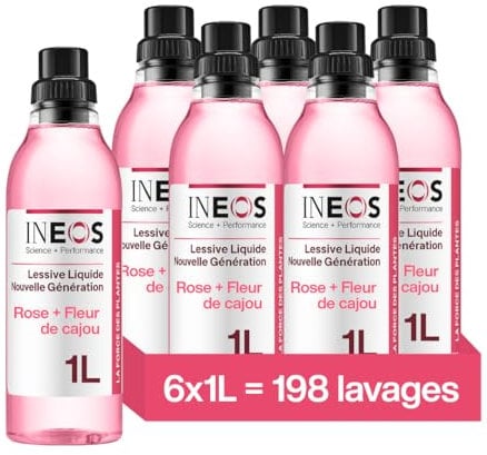 INEOS Lessive Liquide Concentrée, Un Nettoyage Imbattable Grâce Au Pouvoir Des Plantes, Adaptée Aux Peaux Sensibles, Efficace Dès 20°C, Parfum Rose et Fleur De Cajou, 198 Lavages (6 x 1L)