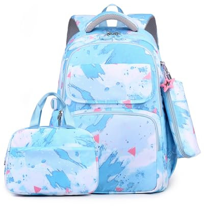 Amythe Schulrucksack Mädchen 3 Teilig, Rucksack Schule Teenager, Grundschule Mittelschule Schultaschen-Set Lunchtasche Federmäppchen, Kinderrucksack Schulranzen für 3-9 Klasse, Blau