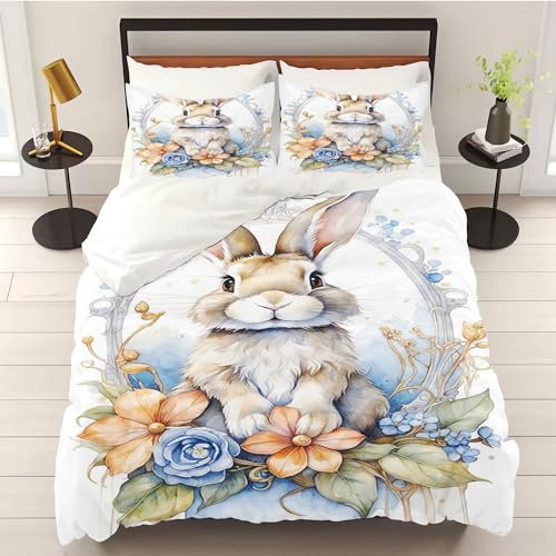 WEQEER Hasen Blumen bettwäsche 135x200 3D Ostereier Ostern Microfaser Bettbezug Frühling Saisonnal Kinderbettwäsche für Mädchen Und Jungen (8,Single 135x200CM)