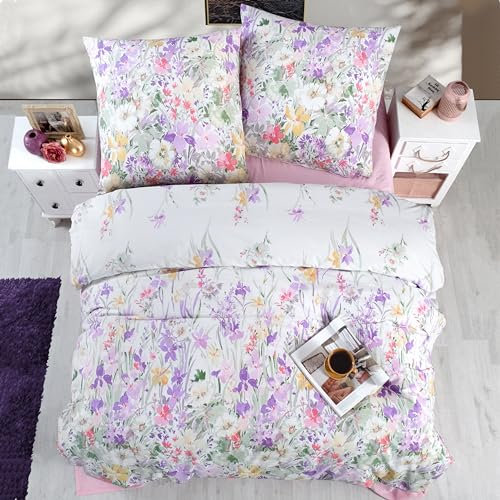 ZIRVEHOME Bettwäsche 200x200 cm. 3 teilig, Baumwolle Bettbezug geblümt Lila und Rosa Renforcé Bettwäsche-Set. Arse