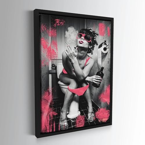 Blue Booms Crazy Toilet Girl - Rose - Version acrylique - 80 x 120 cm - Cadre noir