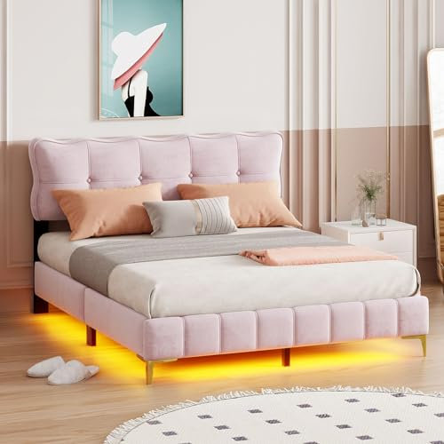 KOMHTOM Lit tapissé avec tête de lit et sommier à Lattes Lit Double LED sommier 160x200 avec Pieds, Lit Deux Place Moderne en Velours(Matelas Non Inclus) (Rose, 213 x 177 x 105.5 cm)